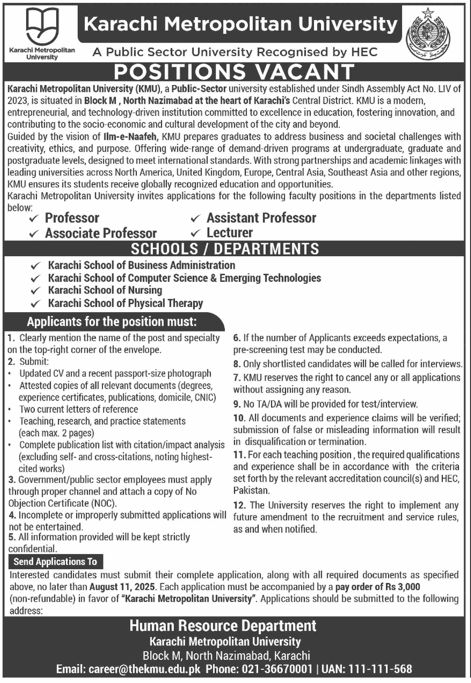 Jobs in Karachi Metropolitan University